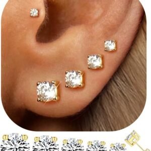 5 Pairs 14K Gold Plated Stud Earrings for Women, Hypoallergenic Earring Sets for Multiple Piercing, Premium Cubic Zirconia Studs Earrings for Women
