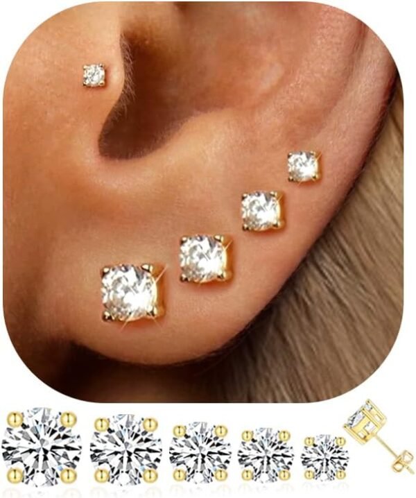 5110D2oMoHL._AC_SL1500 5 Pairs 14K Gold Plated Stud Earrings for Women, Hypoallergenic Earring Sets for Multiple Piercing, Premium Cubic Zirconia Studs Earrings for Women
