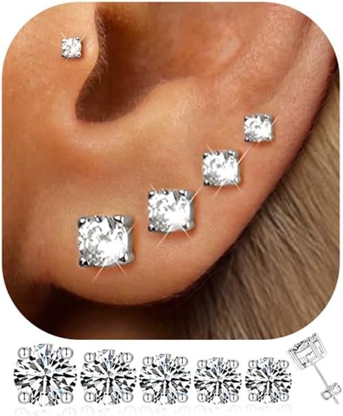 511dzdF57RL._AC_SL1500 5 Pairs 14K Gold Plated Stud Earrings for Women, Hypoallergenic Earring Sets for Multiple Piercing, Premium Cubic Zirconia Studs Earrings for Women