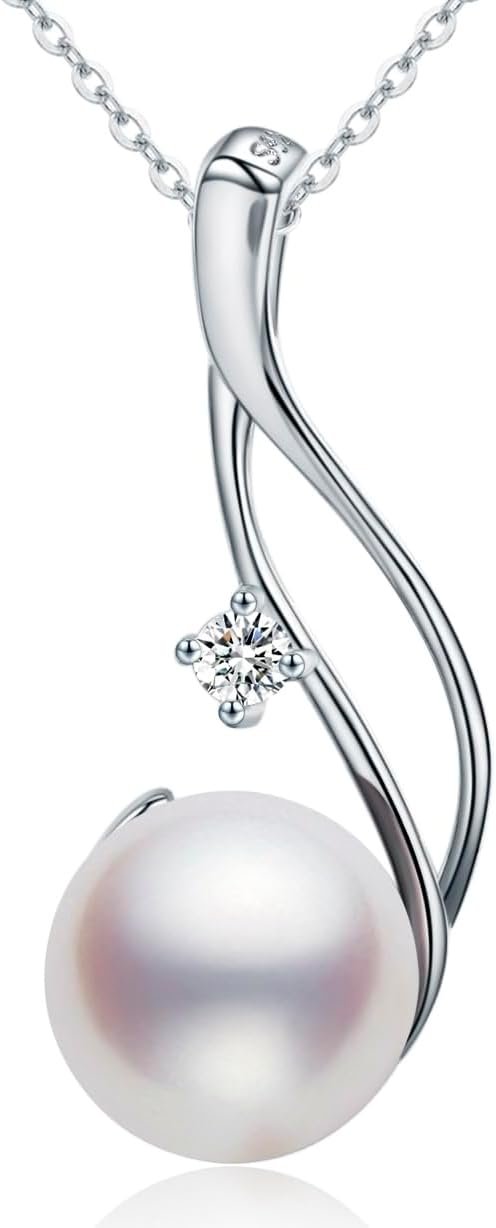 Genuine Premium AAA Top Grade 9-10mm Cultured White Pearl Pendant Necklace 18K Gold Plated 925 Silver - Gifts for Women for Her Wife Mom Daughter (White, gold-plated-silver)