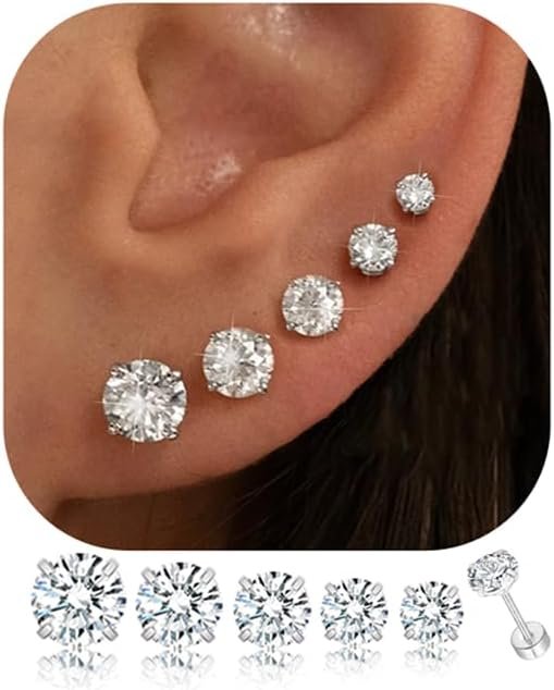 513w6sq67xL._AC_SL1500 5 Pairs 14K Gold Plated Stud Earrings for Women, Hypoallergenic Earring Sets for Multiple Piercing, Premium Cubic Zirconia Studs Earrings for Women