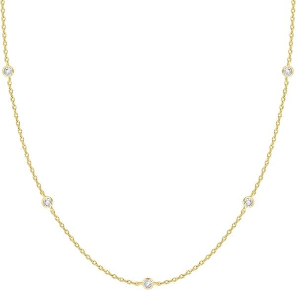 14K Gold Plated Station Necklace - Simulated Diamond Layering Necklaces - Womens CZ Chain