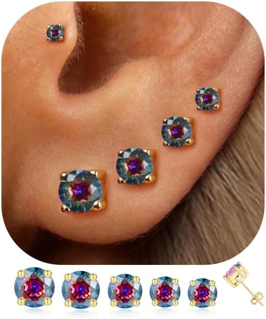 51UwtjNwaBL._AC_SL1500 5 Pairs 14K Gold Plated Stud Earrings for Women, Hypoallergenic Earring Sets for Multiple Piercing, Premium Cubic Zirconia Studs Earrings for Women