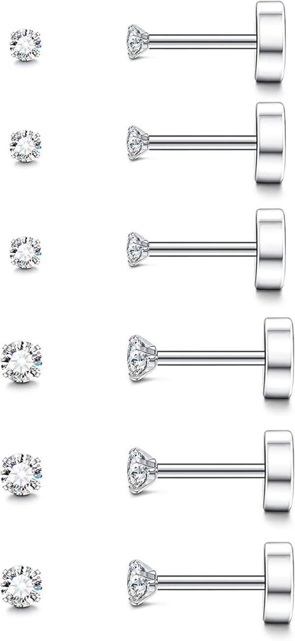 20G Hypoallergenic Flat Back Earrings for Women Men Silver 14K Gold Stainless Steel Stud Earrings Brithstone Cubic Zirconia Studs Surgical Steel Cartilage Earrings for Sensitive Ears