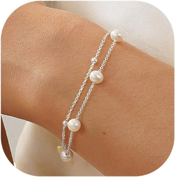 Silver Gold Bracelets for Women Trendy 14K Gold Plated Bracelet for Women Non Tarnish Dainty Stackable Layered Chain Heart Pearl Knot Beaded Bracelets Stack Set Charm Mothers Day Jewelry Gifts