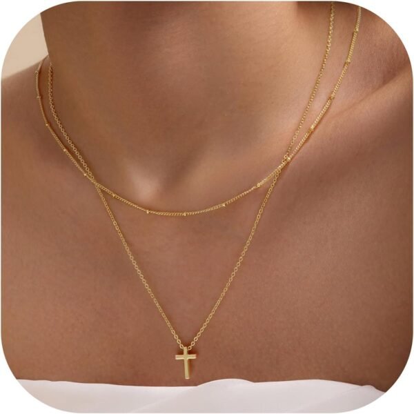 Gold Cross Necklace for Women - Dainty 14K Gold Plated Cross Necklace Layered Beaded Infinity CZ Holy Mary Medal Pendant Necklaces for Women Trendy Faith Jewelry First Communion Gifts