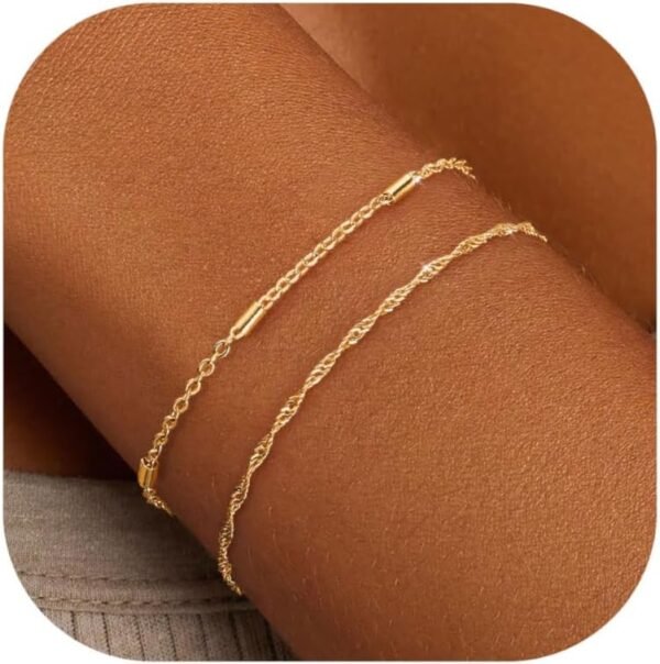 Silver Gold Bracelets for Women Trendy 14K Gold Plated Bracelet for Women Non Tarnish Dainty Stackable Layered Chain Heart Pearl Knot Beaded Bracelets Stack Set Charm Mothers Day Jewelry Gifts
