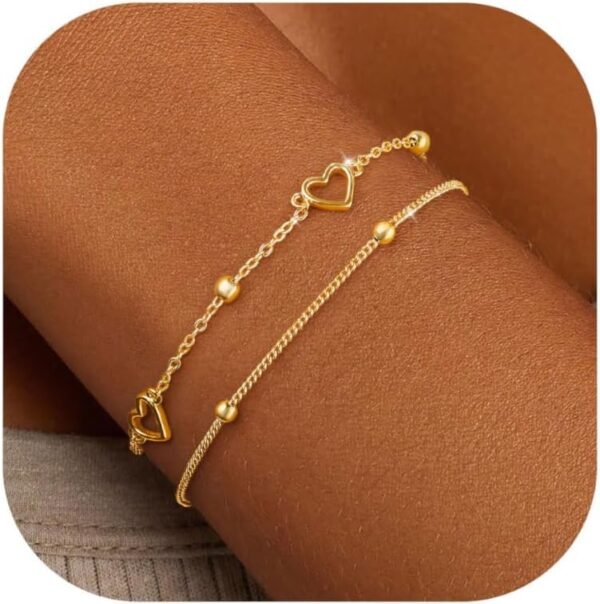 Silver Gold Bracelets for Women Trendy 14K Gold Plated Bracelet for Women Non Tarnish Dainty Stackable Layered Chain Heart Pearl Knot Beaded Bracelets Stack Set Charm Mothers Day Jewelry Gifts