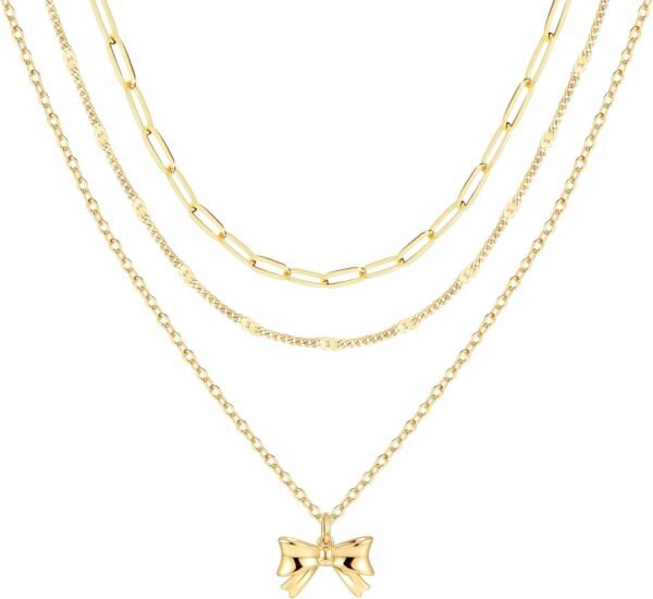 Layered Gold Necklaces for Women,Stackable Dainty 14K Gold Silver Plated Trendy Circle Paperclip Chain Pendant Choker Necklace,Simpl Diamond Cross Bow Jewelry Set Gifts for Women
