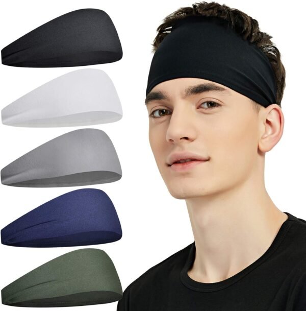 710HEIuzHAL._AC_SL1500 Sports Headbands for Men (5 Pack),Moisture Wicking Workout Headband, Sweatband Headbands for Running,Cycling,Football,Yoga,Hairband for Women and Men