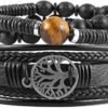 Genuine Leather Tree of life Bracelets Men Women, Tiger Eye Natural Stone Lava Rock Beads Ethnic Tribal Elastic Bracelets Wristbands