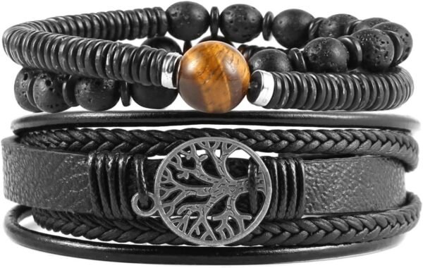 Genuine Leather Tree of life Bracelets Men Women, Tiger Eye Natural Stone Lava Rock Beads Ethnic Tribal Elastic Bracelets Wristbands