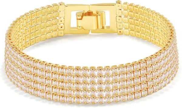7155vHrXydL._AC_SL1500 14K Gold Plated Women’s Tennis Bracelet – Sleek CZ Line Bracelet, Fits 6.0"–7.2" Wrist – Sparkly Everyday Jewelry Gift, Contemporary Tennis Bracelets for Women