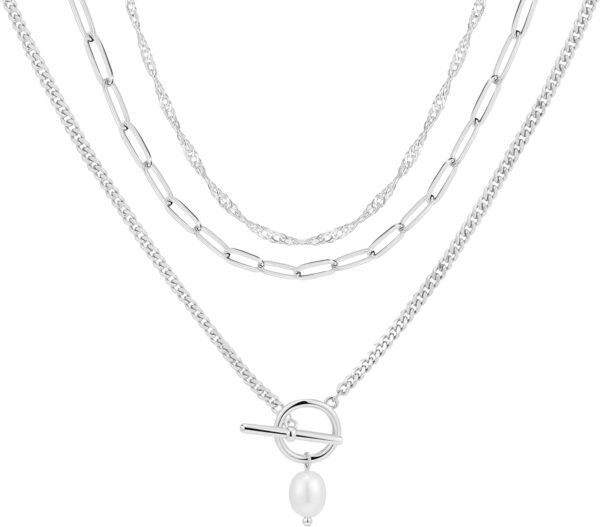 Layered Gold Necklaces for Women,Stackable Dainty 14K Gold Silver Plated Trendy Circle Paperclip Chain Pendant Choker Necklace,Simpl Diamond Cross Bow Jewelry Set Gifts for Women