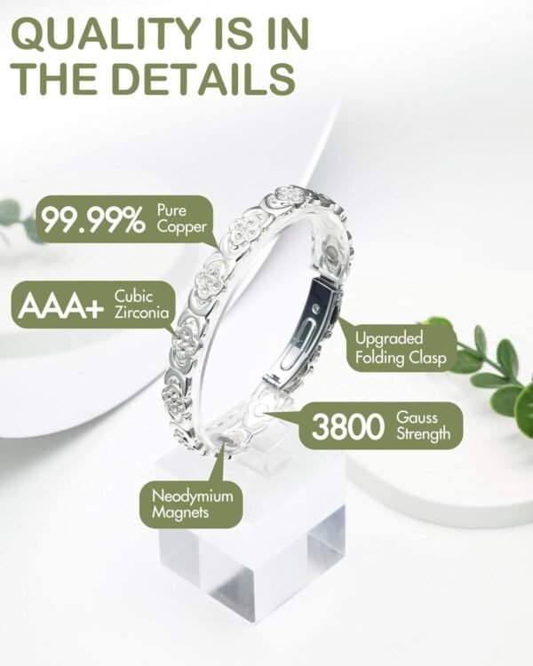 Pure Copper Bracelets for Women, Ultra Strength Magnetic Therapy Bracelet for Pain Relief with Neodymium Magnets & Sparkling Cubic Zirconia, Adjustable, Infinite Clover Jewelry