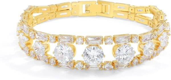 715NodRBtXL._AC_SL1500 14K Gold Plated Women’s Tennis Bracelet – Sleek CZ Line Bracelet, Fits 6.0"–7.2" Wrist – Sparkly Everyday Jewelry Gift, Contemporary Tennis Bracelets for Women