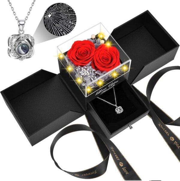 Preserved Red Real Rose with Heart I Love You Necklace -Eternal Flowers Rose Birthday Gifts for Women Her Mom Wife Girlfriend Grandma on Valentines Mothers Day Christmas Anniversary Romantic-Red