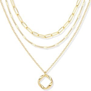 7177Dg7OkLL._AC_SL1500 Layered Gold Necklaces for Women,Stackable Dainty 14K Gold Silver Plated Trendy Circle Paperclip Chain Pendant Choker Necklace,Simpl Diamond Cross Bow Jewelry Set Gifts for Women