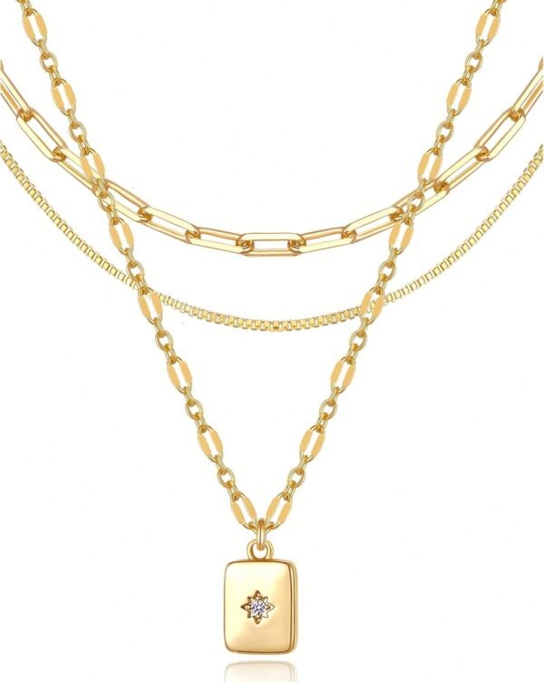 Layered Gold Necklaces for Women Trendy, 3 Pcs 14K Gold Plated Choker Paperclip Box Chain Necklace, Stackable Women's Gold Pendant Necklaces Jewelry Set
