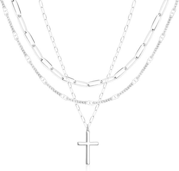 Layered Gold Necklaces for Women,Stackable Dainty 14K Gold Silver Plated Trendy Circle Paperclip Chain Pendant Choker Necklace,Simpl Diamond Cross Bow Jewelry Set Gifts for Women