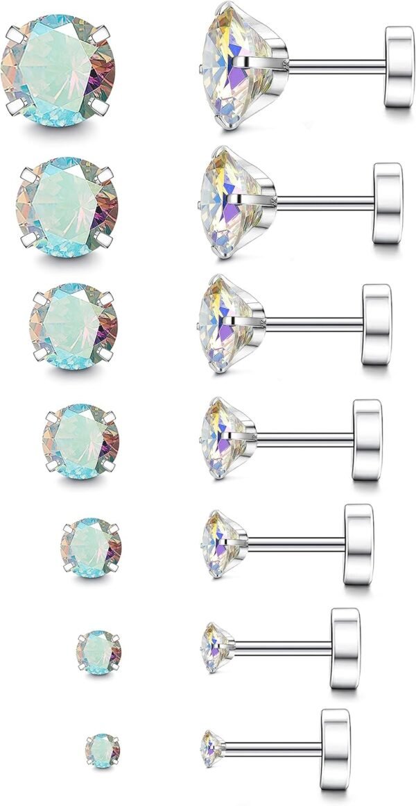 20G Hypoallergenic Flat Back Earrings for Women Men Silver 14K Gold Stainless Steel Stud Earrings Brithstone Cubic Zirconia Studs Surgical Steel Cartilage Earrings for Sensitive Ears