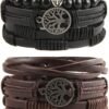 Genuine Leather Tree of life Bracelets Men Women, Tiger Eye Natural Stone Lava Rock Beads Ethnic Tribal Elastic Bracelets Wristbands