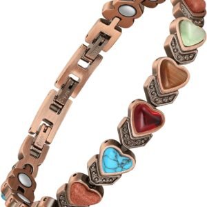 Pure Copper Bracelets for Women, Ultra Strength Magnetic Bracelet with 3800 Gauss Magnets & Natural Turquoise & Stones, Adjustable, Jewelry Gift