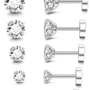 20G Hypoallergenic Flat Back Earrings for Women Men Silver 14K Gold Stainless Steel Stud Earrings Brithstone Cubic Zirconia Studs Surgical Steel Cartilage Earrings for Sensitive Ears