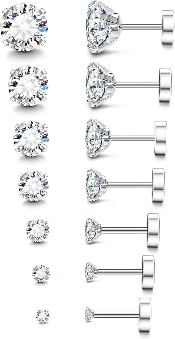 20G Hypoallergenic Flat Back Earrings for Women Men Silver 14K Gold Stainless Steel Stud Earrings Brithstone Cubic Zirconia Studs Surgical Steel Cartilage Earrings for Sensitive Ears