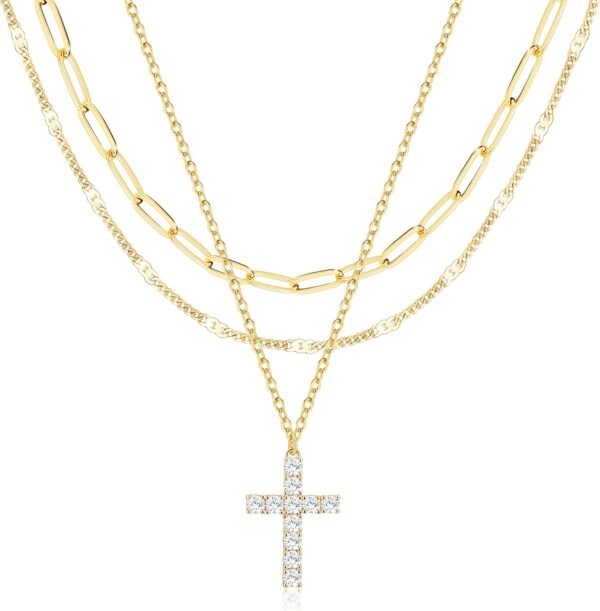 Layered Gold Necklaces for Women,Stackable Dainty 14K Gold Silver Plated Trendy Circle Paperclip Chain Pendant Choker Necklace,Simpl Diamond Cross Bow Jewelry Set Gifts for Women