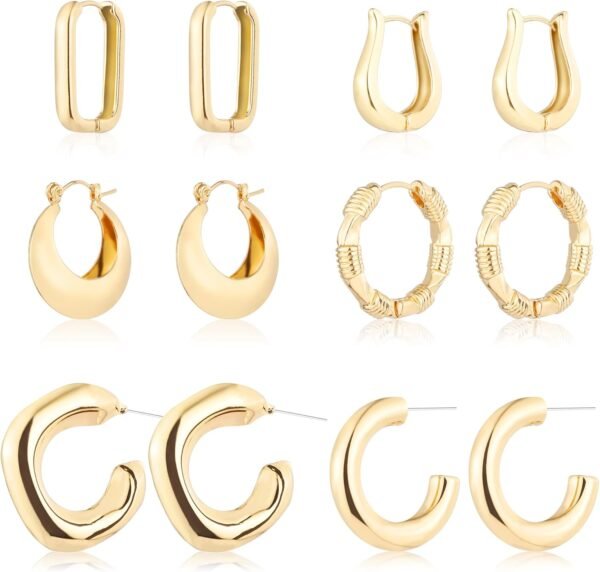 71JoI033drL._AC_SL1500 6 Pairs 14K Gold Plated Hoop Earrings for Women Lightweight Chunky Hoop Earrings Multipack Hypoallergenic, Thick Open Twisted Huggie Hoops Earring Set Jewelry for Gifts.