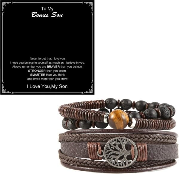 Genuine Leather Tree of life Bracelets Men Women, Tiger Eye Natural Stone Lava Rock Beads Ethnic Tribal Elastic Bracelets Wristbands