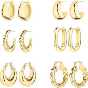 6 Pairs 14K Gold Plated Hoop Earrings for Women Lightweight Chunky Hoop Earrings Multipack Hypoallergenic, Thick Open Twisted Huggie Hoops Earring Set Jewelry for Gifts.
