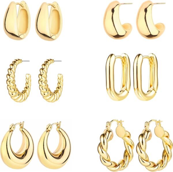 71LMNHPa2NL._AC_SL1500 6 Pairs 14K Gold Plated Hoop Earrings for Women Lightweight Chunky Hoop Earrings Multipack Hypoallergenic, Thick Open Twisted Huggie Hoops Earring Set Jewelry for Gifts.