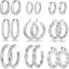 9 Pairs Gold Hoop Earrings for Women, 925 Sterling Silver Post 14K Real Gold Plated Chunky Hoop Earrings Set for Women Hypoallergenic Thick Lightweight Earring for Womens Jewelry Gifts