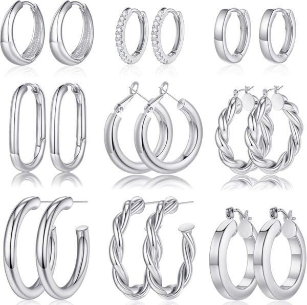 9 Pairs Gold Hoop Earrings for Women, 925 Sterling Silver Post 14K Real Gold Plated Chunky Hoop Earrings Set for Women Hypoallergenic Thick Lightweight Earring for Womens Jewelry Gifts