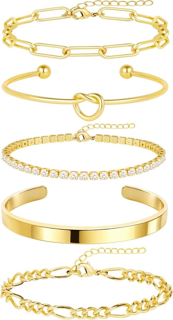 71Q6jBJ1jrL._AC_SL1500 Gold Bracelets for Women Non Tarnish, 14K Gold Plated Chunky Cuff Bracelet Gold Bangles Bracelet for Women Trendy Tie Knot Cuban Rope Paperclip Beaded Bracelet Stack Jewelry Gifts