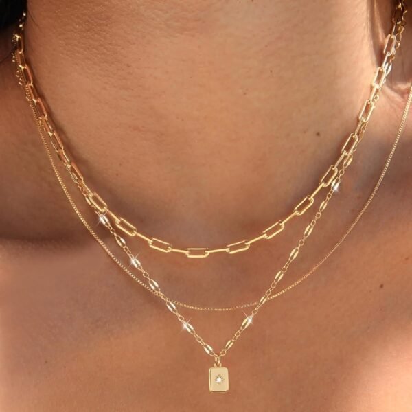 Layered Gold Necklaces for Women Trendy, 3 Pcs 14K Gold Plated Choker Paperclip Box Chain Necklace, Stackable Women's Gold Pendant Necklaces Jewelry Set
