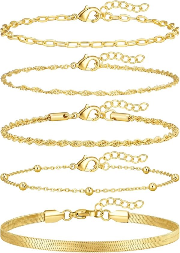 Gold Bracelets for Women, 14K Gold Plated Stackable Bracelet Stack Set Adjustable Charm Paperclip Chain Cuban Link Layered Waterproof Jewelry Sets Gifts for Womens 6.0/6.8/7.2"