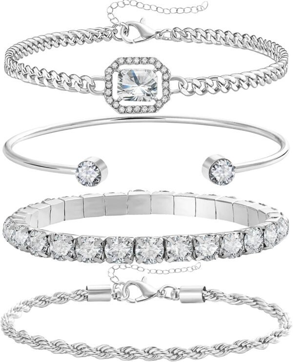 4 Pcs Dainty Gold Silver Bracelets Set for Women 14K Plated Link Cubic Zirconia Paperclip Stake Layering Chain Adjustable Trendy Hand Jewelry