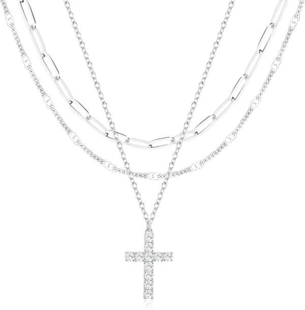 Layered Gold Necklaces for Women,Stackable Dainty 14K Gold Silver Plated Trendy Circle Paperclip Chain Pendant Choker Necklace,Simpl Diamond Cross Bow Jewelry Set Gifts for Women