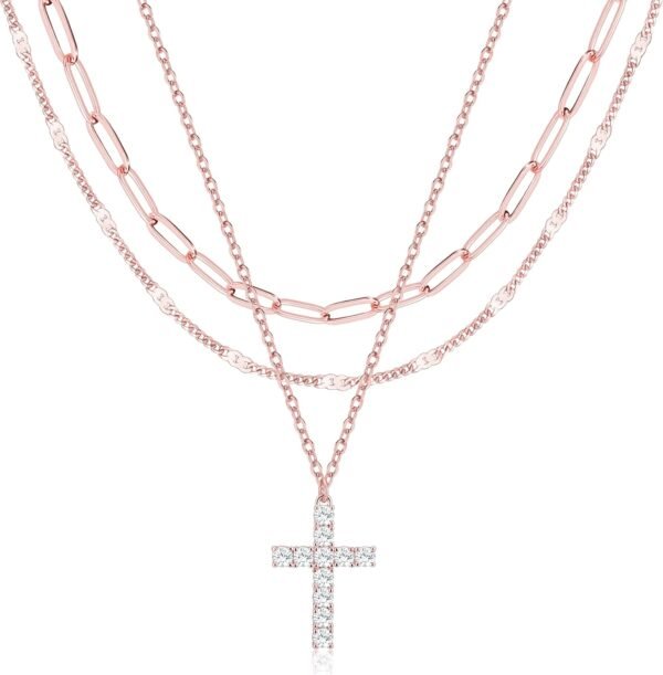 Layered Gold Necklaces for Women,Stackable Dainty 14K Gold Silver Plated Trendy Circle Paperclip Chain Pendant Choker Necklace,Simpl Diamond Cross Bow Jewelry Set Gifts for Women