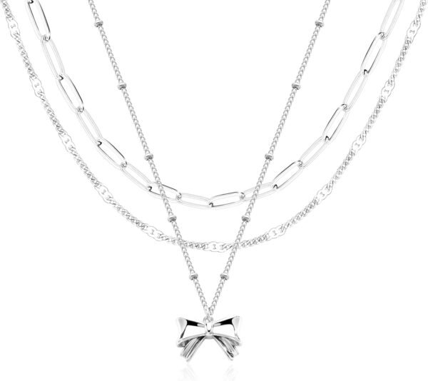 Layered Gold Necklaces for Women,Stackable Dainty 14K Gold Silver Plated Trendy Circle Paperclip Chain Pendant Choker Necklace,Simpl Diamond Cross Bow Jewelry Set Gifts for Women