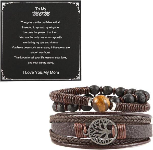 Genuine Leather Tree of life Bracelets Men Women, Tiger Eye Natural Stone Lava Rock Beads Ethnic Tribal Elastic Bracelets Wristbands