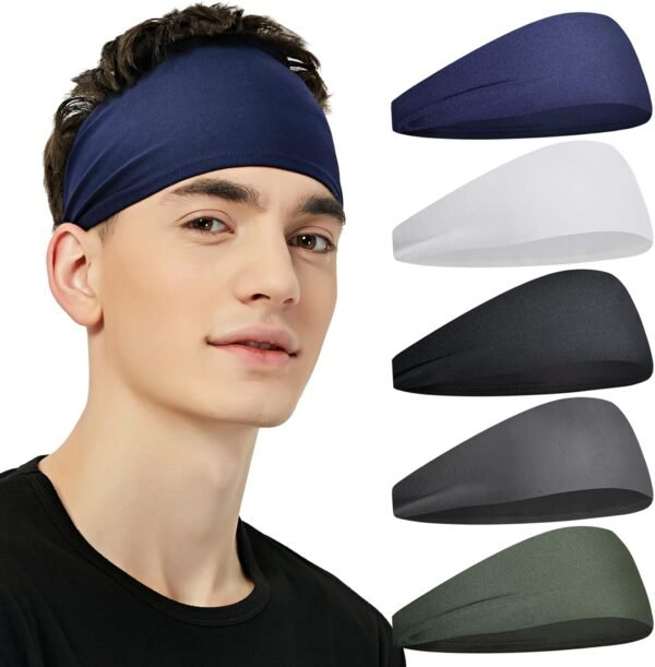 71con9xOkSL._AC_SL1500 Sports Headbands for Men (5 Pack),Moisture Wicking Workout Headband, Sweatband Headbands for Running,Cycling,Football,Yoga,Hairband for Women and Men