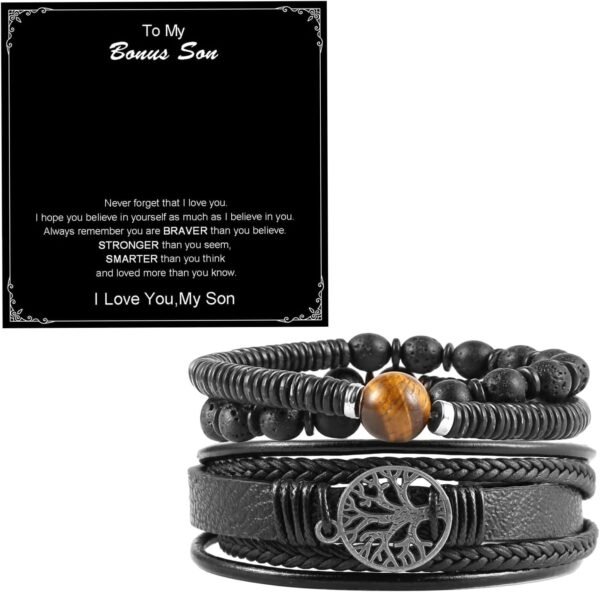 Genuine Leather Tree of life Bracelets Men Women, Tiger Eye Natural Stone Lava Rock Beads Ethnic Tribal Elastic Bracelets Wristbands