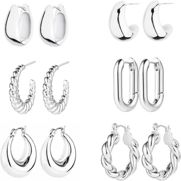 71hDhZ42htL._AC_SL1500 6 Pairs 14K Gold Plated Hoop Earrings for Women Lightweight Chunky Hoop Earrings Multipack Hypoallergenic, Thick Open Twisted Huggie Hoops Earring Set Jewelry for Gifts.