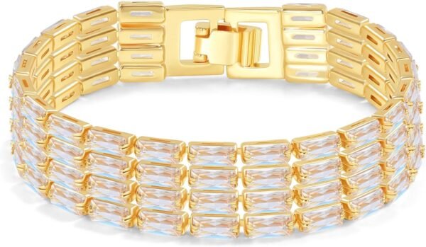 71pK2MDJ45L._AC_SL1500 14K Gold Plated Women’s Tennis Bracelet – Sleek CZ Line Bracelet, Fits 6.0"–7.2" Wrist – Sparkly Everyday Jewelry Gift, Contemporary Tennis Bracelets for Women