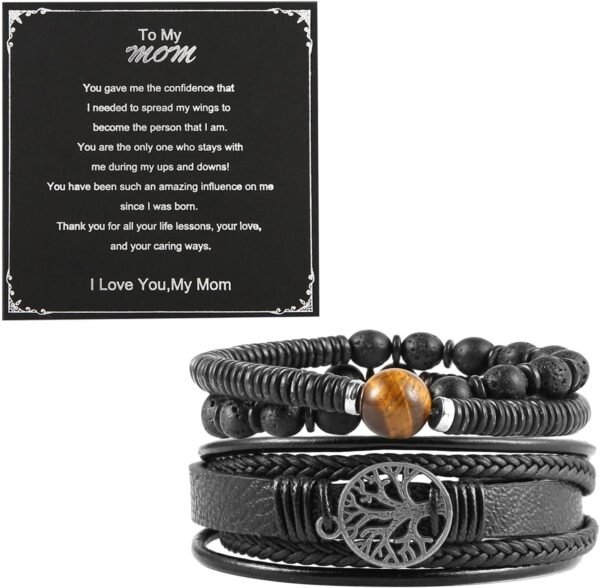Genuine Leather Tree of life Bracelets Men Women, Tiger Eye Natural Stone Lava Rock Beads Ethnic Tribal Elastic Bracelets Wristbands
