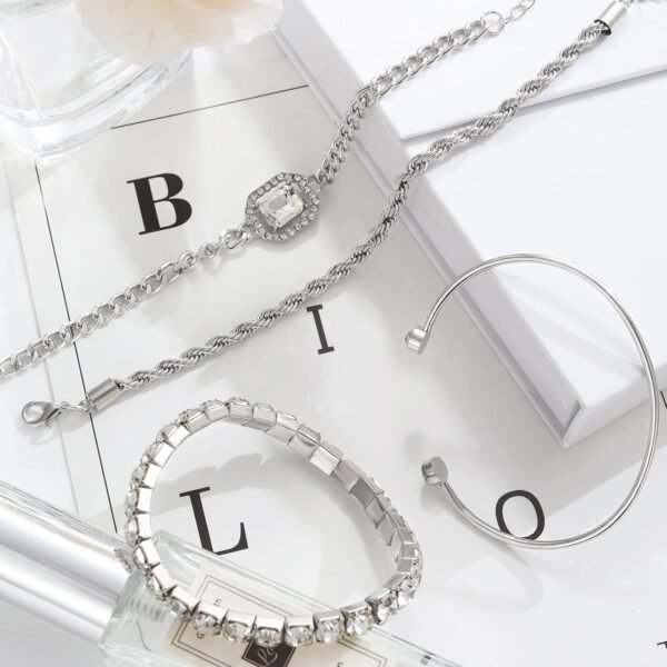 4 Pcs Dainty Gold Silver Bracelets Set for Women 14K Plated Link Cubic Zirconia Paperclip Stake Layering Chain Adjustable Trendy Hand Jewelry